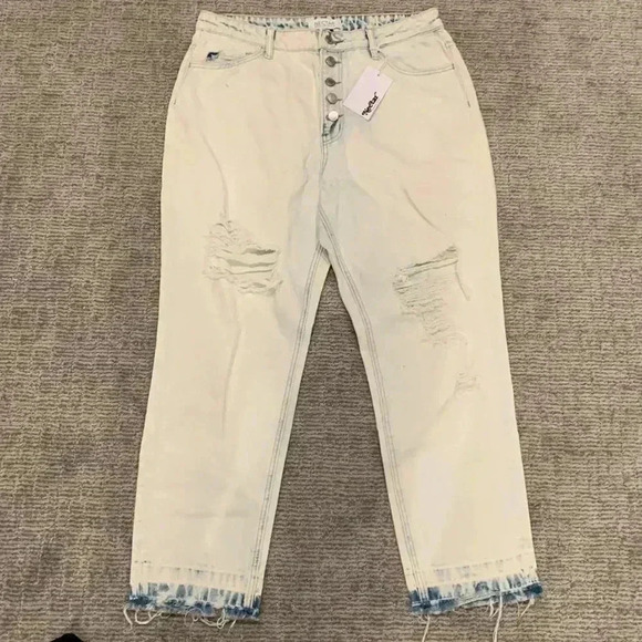 Nectar Stone Dust - Distressed Button Up Mom Jeans with Let Out Hem - Picture 4 of 7